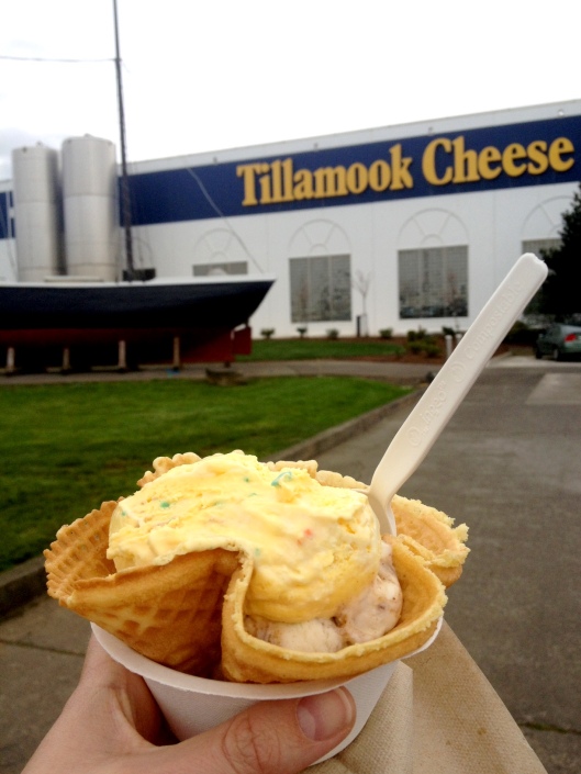 Leaving the Factory with Tillamook Ice cream in hand! Grandma's Cake Batter and Cinnamon Bun, both excellent choices.